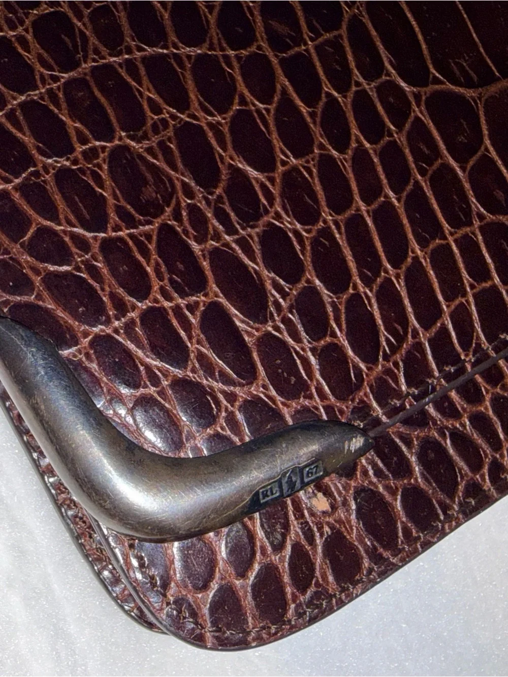 RALPH LAUREN BROWN ALLIGATOR PRINT Ltr .925 STERLING SILVER HARDWARE HANDBAG